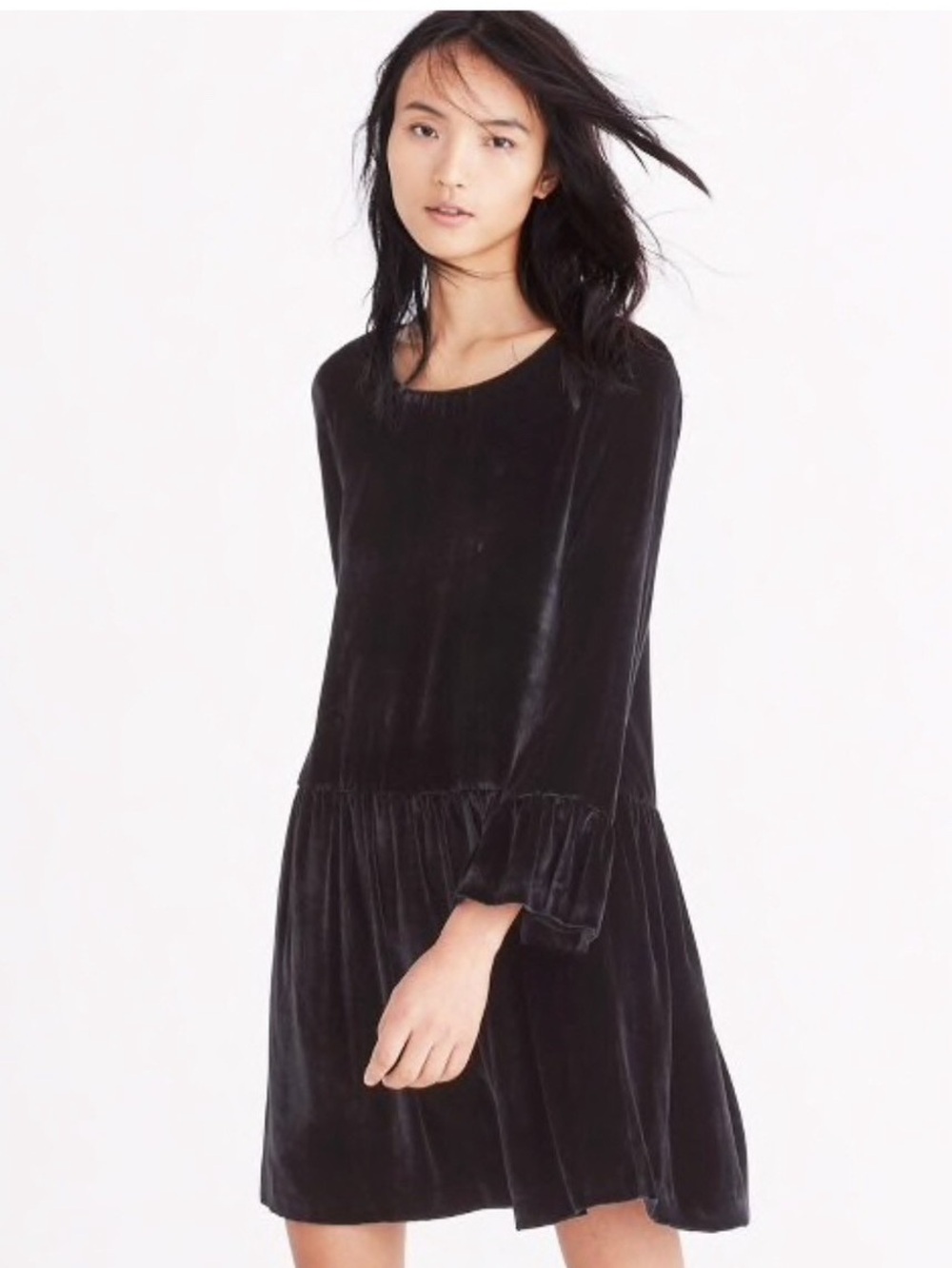 90s Inspired Madewell Black Velvet Bell-Sleeve Mini Dress